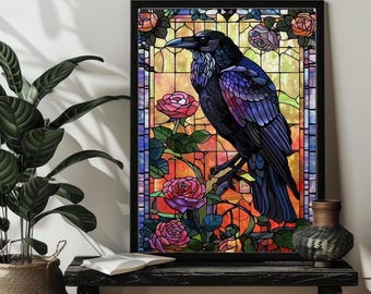Stained Glass Raven Jigsaw Puzzle Crow Flowers Wall Art Puzzles 200/300/500/1000 Pieces，Halloween Gothic Crow Wall Decor，Halloween Gift