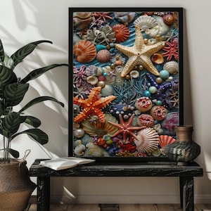 May include: A framed artwork displaying a detailed arrangement of seashells and starfish in shades of orange, white, and red. The artwork showcases a variety of textures and shapes, creating a visually rich, ocean-themed composition. The frame is black.