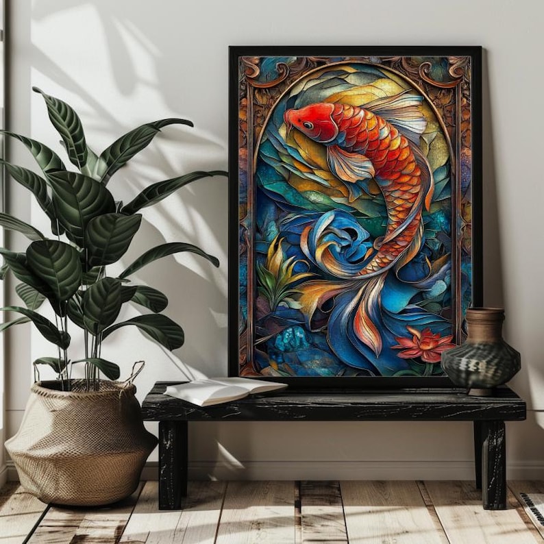 May include: A colorful, abstract painting of a red and orange koi fish swimming in a blue and green water. The fish is surrounded by stylized floral designs and the painting is framed in black.