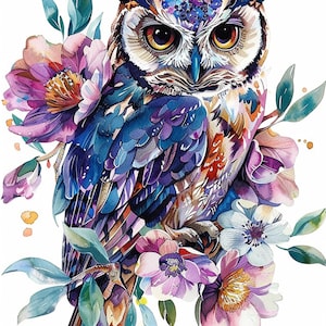 May include: A watercolor painting of an owl with blue, purple, and green feathers. The owl is surrounded by pink, white, and yellow flowers. The owl's eyes are large and yellow.