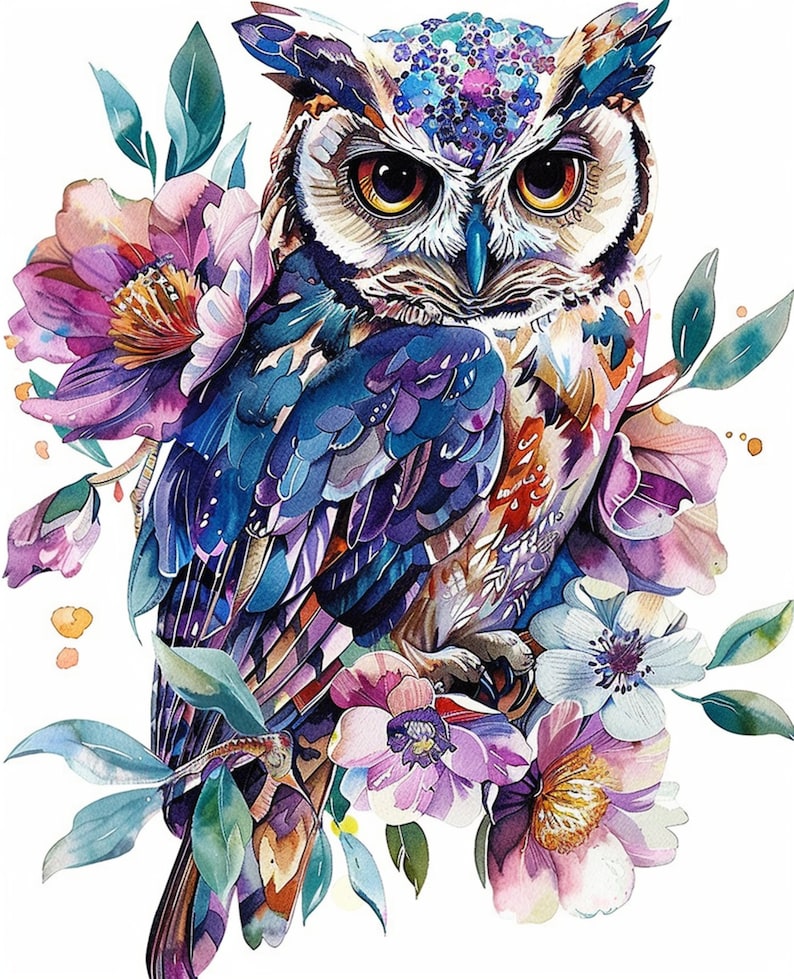 May include: A watercolor painting of an owl with blue, purple, and green feathers. The owl is surrounded by pink, white, and yellow flowers. The owl's eyes are large and yellow.