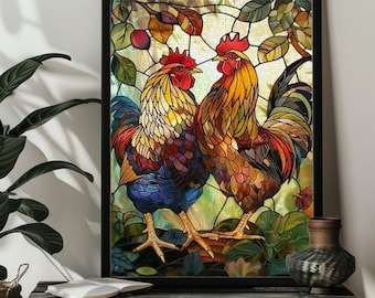 Stained Glass Chicken Jigsaw Puzzle，200/300/500/1000 Wood Farmhouse Puzzles Decor Art for Chicken Lover Gift，Rooster Hen Puzzle,Gift for Him