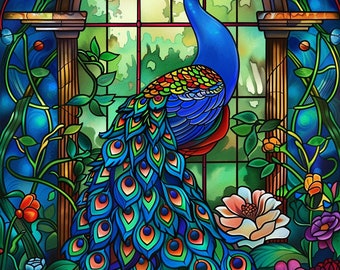 Blue Peacock Stained Glass Diamond Art Painting Kits,Full Round/Square Drill Diamond Art Gift，Blue Peacock Wall Art，Peacock Decor Painitng