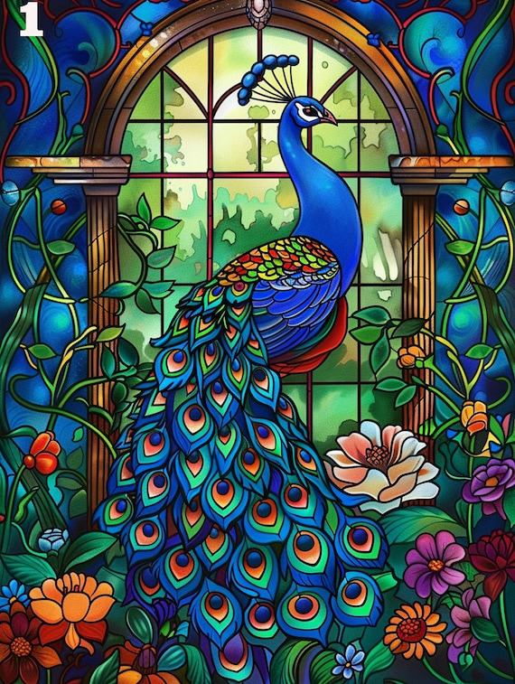 Blue Peacock Stained Glass Diamond Art Painting Kits,Full Round/Square Drill Diamond Art Gift，Blue Peacock Wall Art，Peacock Decor Painitng