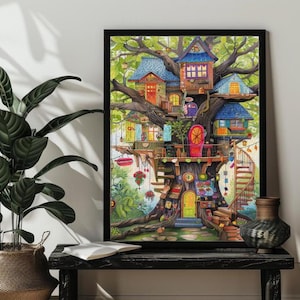 Fantasy Tree House Jigsaw Puzzle Abstract Whimsical Landscape Puzzles Art for Adults 200/300/500/1000 Pieces,Birthday Gift Christmas Gift