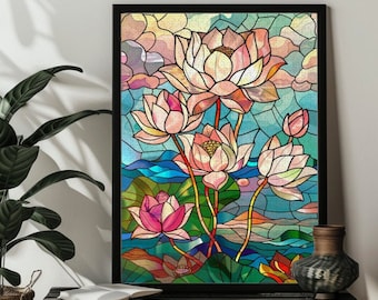 Lotus Stained Glass Flower Jigsaw Puzzle Lotus Lover Gift 500,300，1000 Piece Wood Picture Photo Puzzle Lotus Decor Gift for Mom Lotus Art