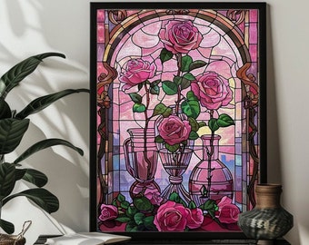 Pink Rose Stained Glass Jigsaw Puzzle for Wife/Mom/Couple，Rose Wall Art Puzzles Art 500,1000 Wood Picture Puzzle Anniversary Gift for Her