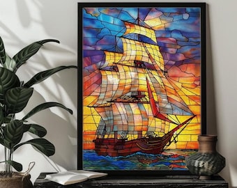 Stained Glass Sailing Boat Jigsaw Puzzles for Adults,Nautical Puzzles Art Decor，300/500/1000 Wood Boat Puzzle，Birthday Gift for Dad/Husband