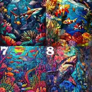 May include: Vibrant, colorful artwork depicting an underwater scene with sharks, coral, and various fish. The artwork is divided into sections, each showcasing different compositions and color palettes, creating a mosaic-like effect.