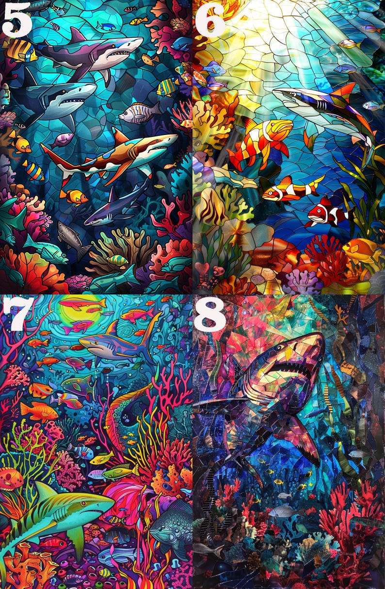 May include: Vibrant, colorful artwork depicting an underwater scene with sharks, coral, and various fish. The artwork is divided into sections, each showcasing different compositions and color palettes, creating a mosaic-like effect.