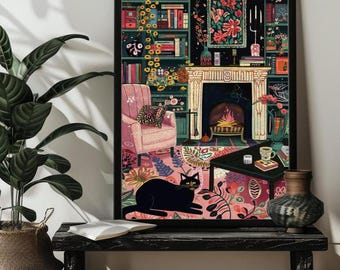 May include: A black cat sits on a colorful rug in front of a fireplace in a cozy living room. The fireplace has a roaring fire and is surrounded by bookshelves filled with books. The room is decorated with plants and flowers.