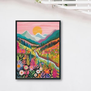 May include: A colourful illustration of a mountain landscape with a winding river flowing through a field of flowers. The sky is a soft pink with a bright yellow sun. The mountains are a mix of blue, green, and purple. The flowers are a variety of colours, including red, orange, yellow, pink, and purple.