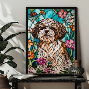 Puede incluir: Una ilustración de estilo vitral de un perro Shih Tzu marrón y blanco sentado en un campo de flores coloridas. El perro está mirando directamente al espectador.