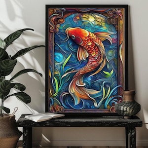 May include: A colorful, abstract painting of a red and orange koi fish swimming in a blue and green water scene. The fish is surrounded by stylized plants and flowers. The painting is framed in a black frame.