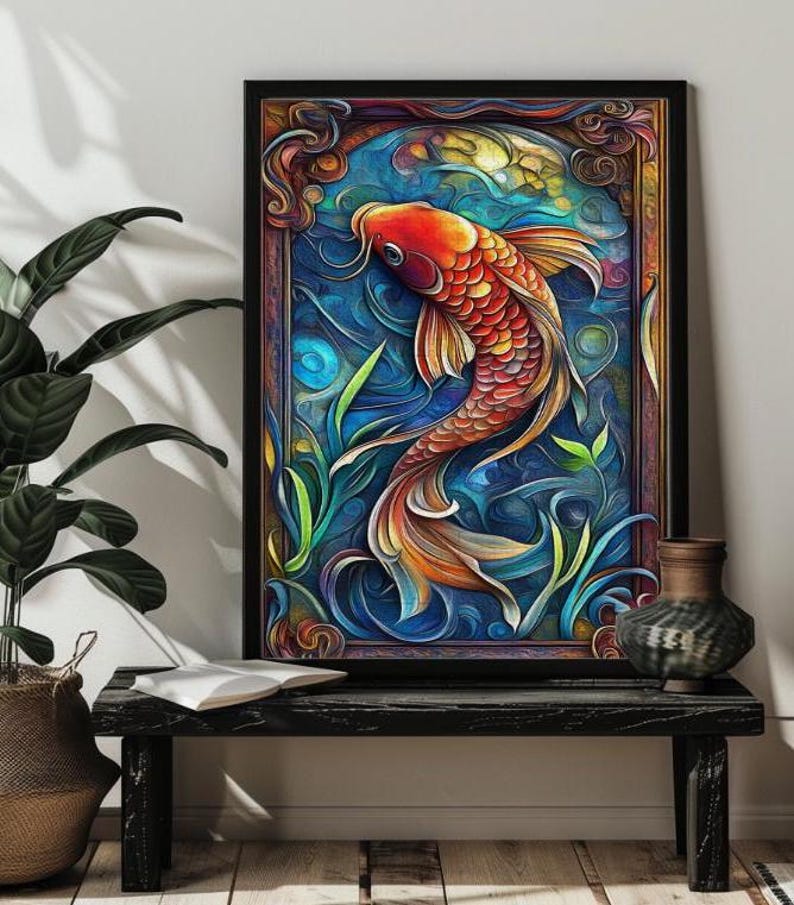 May include: A colorful, abstract painting of a red and orange koi fish swimming in a blue and green water scene. The fish is surrounded by stylized plants and flowers. The painting is framed in a black frame.