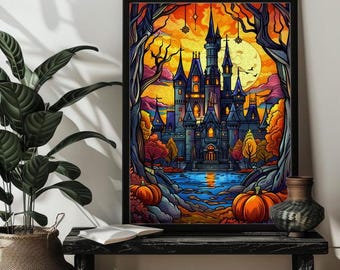 Halloween Stained Glass Gothic House Pumpkins Jigsaw Puzzle Art Gift 1000 Piece Halloween Puzzles Halloween Decor Gift Family Halloween Game