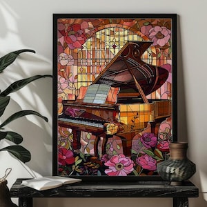 May include: A stained glass style illustration of a grand piano with floral accents. The piano is set against a background of a stained glass window with a floral design. The piano is brown and gold with black keys. The flowers are pink, red, and yellow.