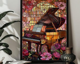 Puede incluir: Una ilustración de estilo vitral de un piano de cola con acentos florales. El piano está situado sobre un fondo de una ventana de vitral con un diseño floral. El piano es marrón y dorado con teclas negras. Las flores son rosas, rojas y amarillas.