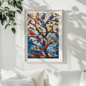 May include: A stained glass artwork depicting a tree with many colorful birds perched on its branches. The birds are in shades of red, orange, yellow, blue, and green.