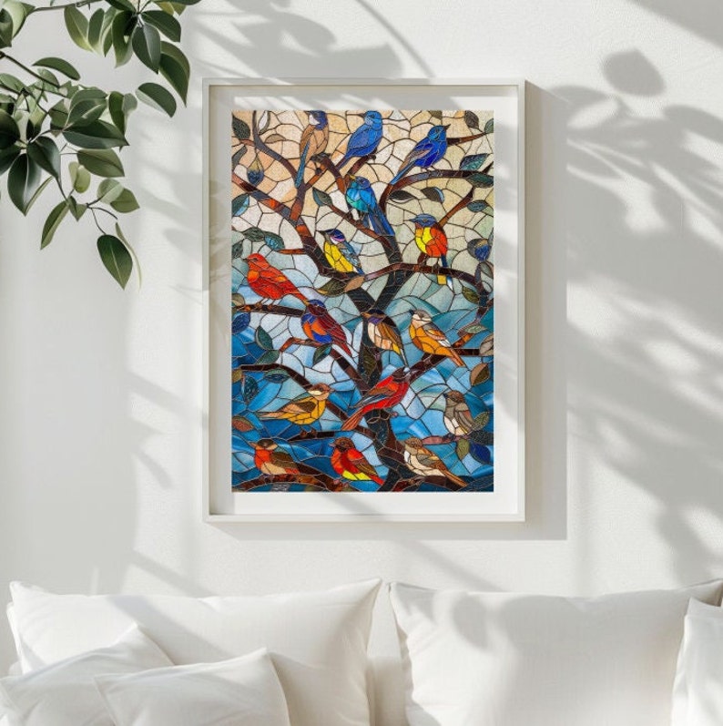 May include: A stained glass artwork depicting a tree with many colorful birds perched on its branches. The birds are in shades of red, orange, yellow, blue, and green.