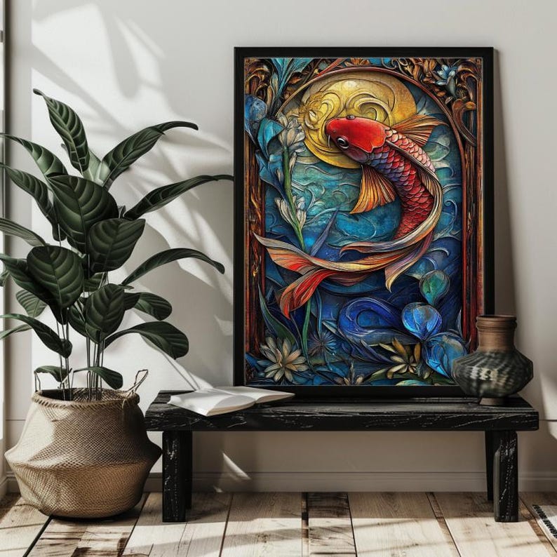 May include: A colorful, abstract painting of a red and orange fish swimming in a blue and green water scene. The fish is surrounded by flowers and leaves, and the background is a dark blue.