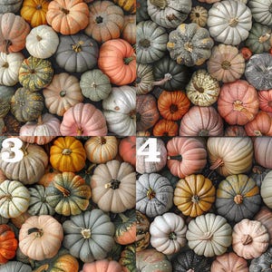 May include: A close-up image of a collection of various sized and colored pumpkins. The pumpkins are arranged in a grid pattern with four sections labeled 1, 2, 3, and 4. The pumpkins are a mix of orange, white, green, and brown.