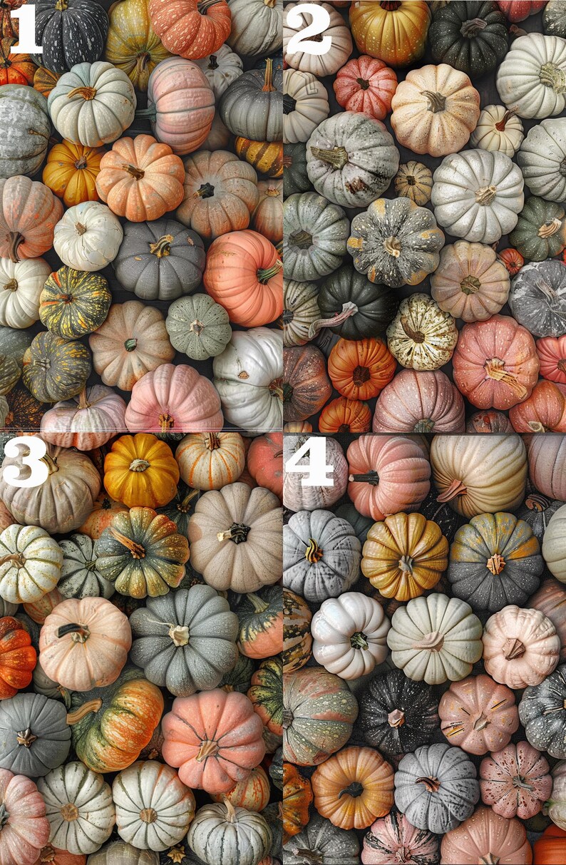 May include: A close-up image of a collection of various sized and colored pumpkins. The pumpkins are arranged in a grid pattern with four sections labeled 1, 2, 3, and 4. The pumpkins are a mix of orange, white, green, and brown.