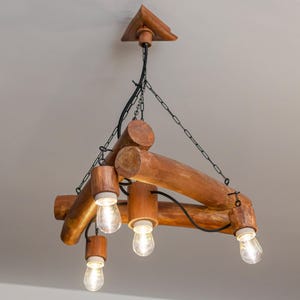 unique hanging wooden lamp rustic natural style with black metal chain for living room, hall or kitchen