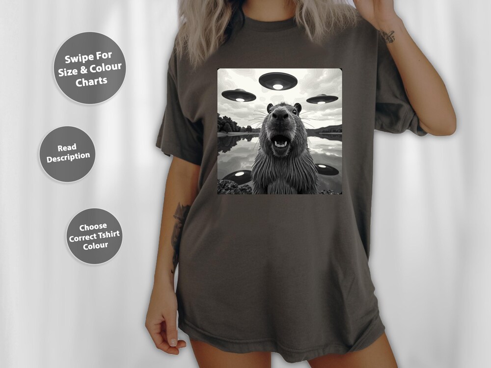 Capybara Cryptid Shirts, Selfie With Ufo, Capybaras Ufos Aliens, Love Animal T-Shirt, Sweatshirt, Hoodie, Tote Bag - 230967