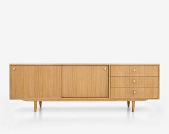 Veneer Oak Long Tv Cabinet with Sliding Door Sideboard in Modern Mid-century Style for Living Room or Bedroom Livlo D-S03