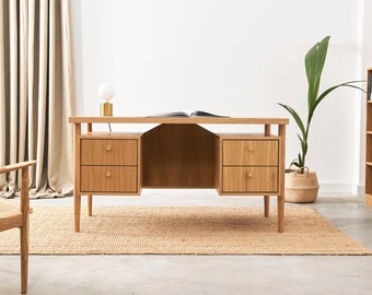 Bureau polyvalent en chêne, design élégant pour la maison et le bureau, espace de travail en bois massif, fabrication artisanale, style minimaliste moderne D-B02