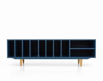 Stylish Blue Sideboard Vinyl Record Storage Mid-Century Modern Design Home Entertainment Center Vintage-Inspired N-S09