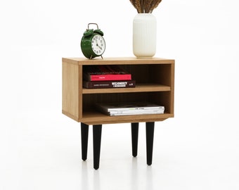 Table de chevet avec étagère ouverte de style Mid-Century moderne en placage de chêne, table de chevet Livlo D-P06
