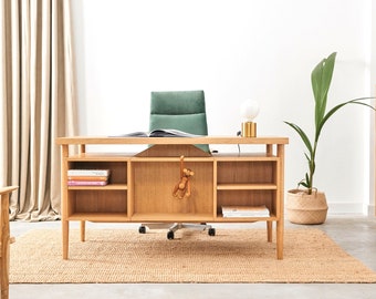 Bureau polyvalent en chêne, design élégant pour la maison et le bureau, espace de travail en bois massif, fabrication artisanale, style minimaliste moderne D-B02