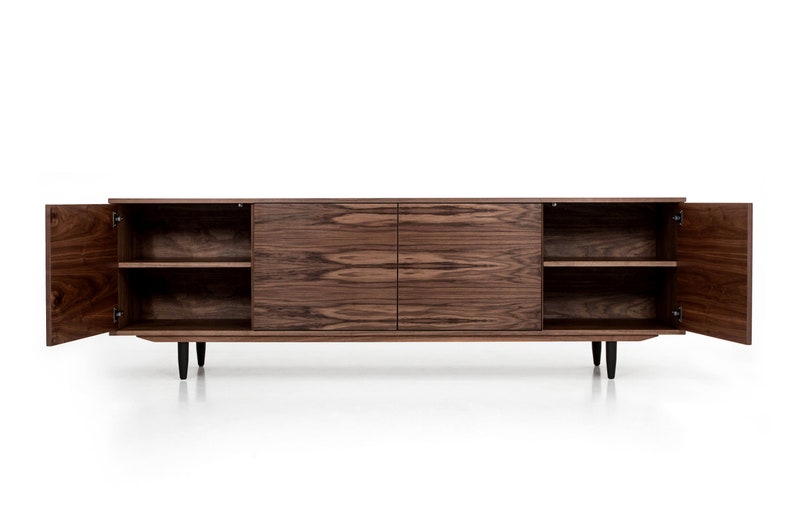 Langer TV-Schrank aus Walnussfurnier mit 4-türigem Sideboard im modernen Mid-Century-Stil für Wohnzimmer oder Schlafzimmer Livlo O-S08 Bild 9