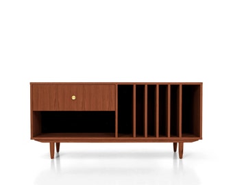 Record Player Stand With Vinyl Record Storage made of solid oak wood vaneer | Wooden Tv Cabinet in teak  - LivloEU T-S12