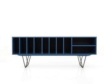 Stilvolles blaues Sideboard zur Aufbewahrung von Schallplatten im Mid-Century Modern Design Home Entertainment Center im Vintage-Stil N-S09