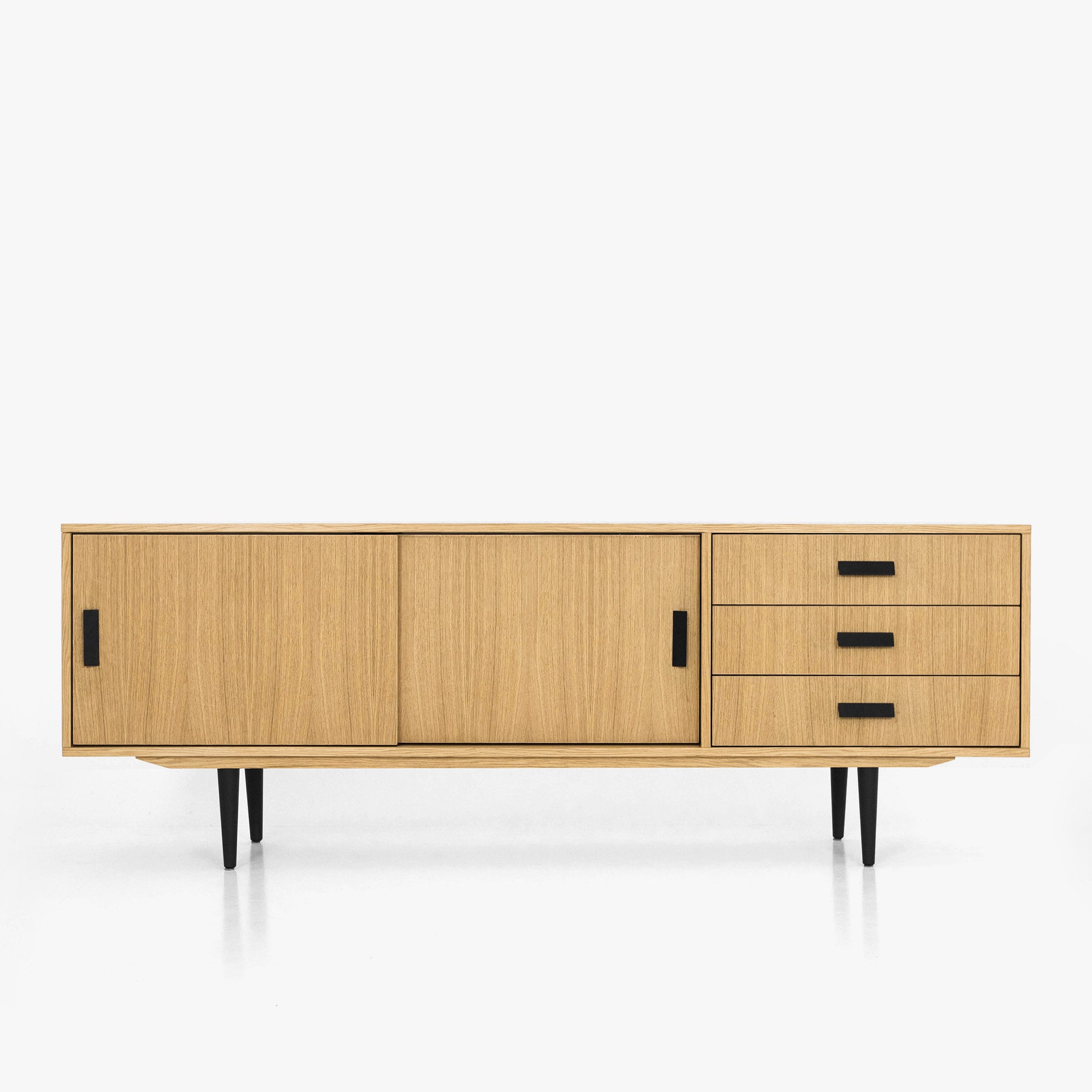 Long Meuble Tv En Placage De Chêne Avec Porte Coulissante Enfilade Style Mid-Century Moderne Pour Le Salon Ou La Chambre À Coucher Livlo D-S03