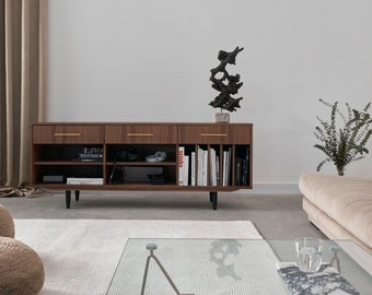 Veneer Walnut Long Tv Cabinet with winly shelves Cable Hole Option sideboard in modern mid-century style for living room bedroom Livlo O-S07