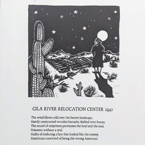 May include: Black and white woodcut print depicting a person standing in front of a desert landscape with a cactus and a moon in the sky. The text reads "GILA RIVER RELOCATION CENTER 1942".