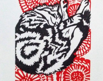 Sleeping kitty linoleum block print