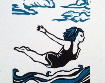 Dive into the Ocean linoleum block print