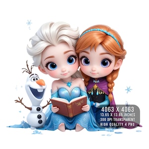 4 PNG Cute Ice Sisters Clipart Printable – Snow Queen & Winter Princess | Teacher Sticker Bundle for Shirt, Mug | 300 DPI Transparent