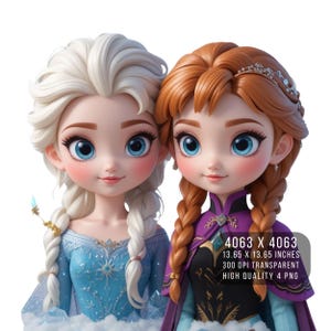 4 PNG Cute Ice Sisters Clipart Printable – Snow Queen & Winter Princess | Teacher Sticker Bundle for Shirt, Mug | 300 DPI Transparent