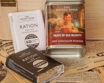 Segunda Guerra Mundial - Década de 1940 - Recreación histórica - Ideas de regalos: Set de regalo de chocolate caliente y chocolate de racionamiento. Un regalo fantástico para cualquier amante de la década de 1940.