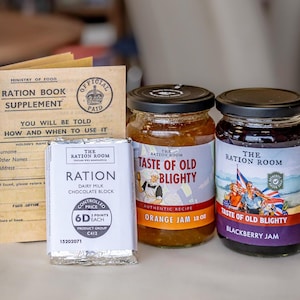 1940s-Larp-WW2-Wartime 4 piece Jam & Chocolate Gift Set Includes Orange Jam- Blackberry Jam-Ration Milk Chocolate Slab-Ration Book Fab Gift