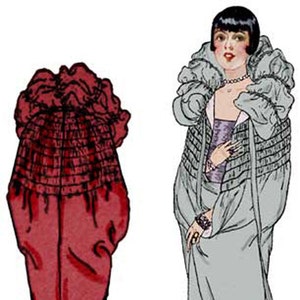 Könnte beinhalten: Eine Vintage-Illustration einer Frau in einem grauen Kleid mit einem großen, gekräuselten Kragen. Das Kleid hat einen schwarzen Gürtel und einen Unterrock mit schwarz-weißem Muster. Die Frau hat kurze schwarze Haare und trägt eine Perlenkette. Ein rotes Kleid mit einem gekräuselten Kragen ist ebenfalls auf dem Bild zu sehen.
