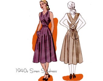 May include: Illustration of a vintage sundress in two views. The front view shows a plum-colored dress with a wrap bodice and pocket. The back view shows a similar dress in a tan color with crisscross straps. Text reads "1940s Siren Sundress."