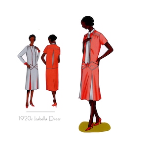 May include: A vintage illustration of a 1920s Isabella dress. The dress is a knee-length, sleeveless design with a white collar and a contrasting red and white color scheme. The dress features a pleated skirt and a fitted bodice.