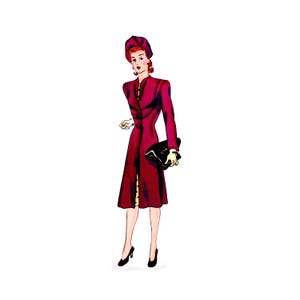 May include: A woman wearing a red coat with a black handbag and a red hat. She is standing with her legs crossed and her arms by her side.